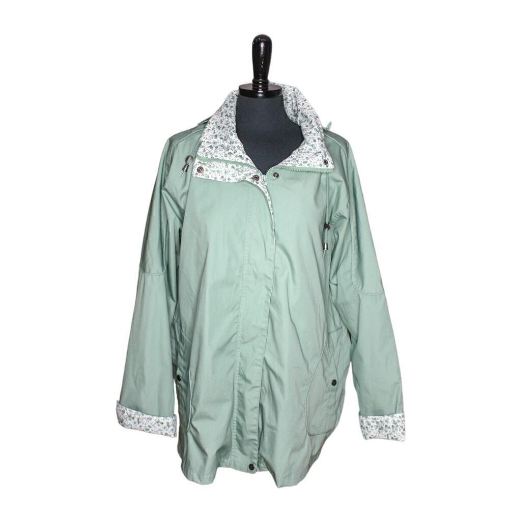 Blair Jacket Green Floral Trim Optional Hood Full Zip Funnel Collar XL